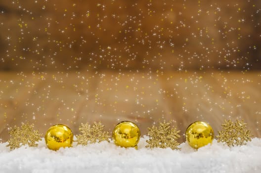 Christmas Decoration  With Snow Over Wooden Background
