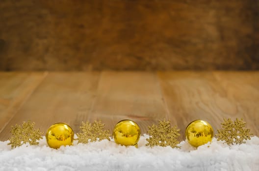 Christmas Decoration  With Snow Over Wooden Background