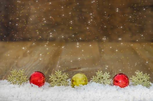 Christmas Decoration  With Snow Over Wooden Background