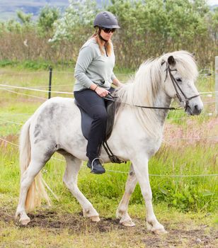 Woman riding a horse on the green field