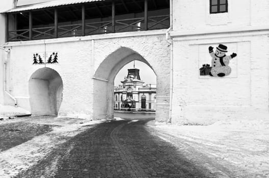 Kazan, capital of the Tatar Republic in Russia. View from the courtyard in the Kremlin.In the winter before the New Year. Black-and-white image.