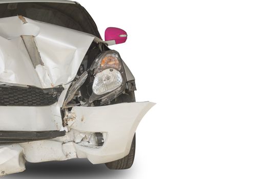 White car accident front side isolated on white with clipping path