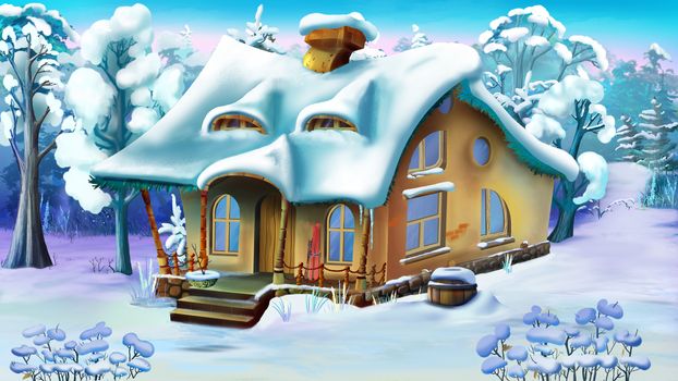 Fairy Tale House in a Snowy Forest. Handmade illustration in a classic cartoon style.