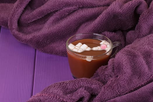 Hot Cocoa or chocolate, cozy knitted blanket. Winter still life.