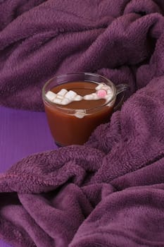 Hot Cocoa or chocolate, cozy knitted blanket. Winter still life.