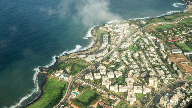 Aerial view of the Capital city of Dakar, Senegal along the Atlantic Ocean Coast