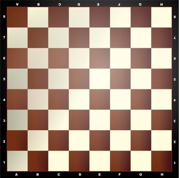 Square board divided into sixty four alternating dark and light squares, used for playing chess or checkers. Color illustration.