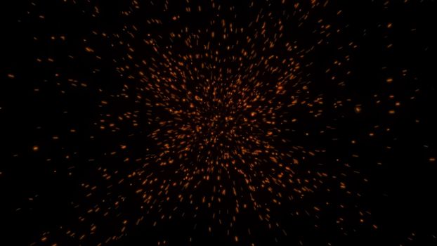 Hot glowing embers with black background. Glittering particles sparkle