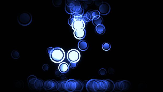 Falling and bouncing particles. Blue bokeh background