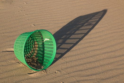 Green basket washed-up from the ocean to the beach. Sand with waves after a tide. Long shadow in the early morning sunlight.