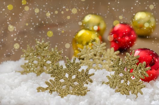 Christmas Decoration With Snow Over Wooden Background