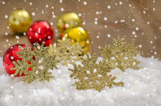 Christmas Decoration With Snow Over Wooden Background