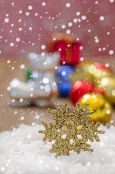 Christmas Decoration With Snow Over Wooden Background