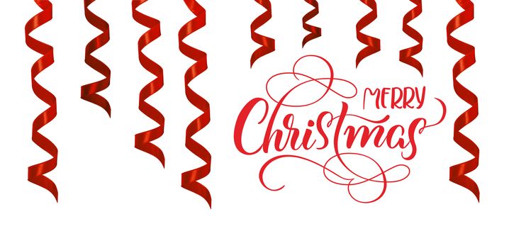 Red ribbons streamer as decoration for Christmas with text Merry Christmas. Lettering calligraphy.