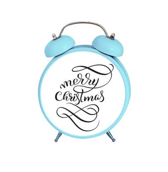 mechanical alarm clock isolated on white background and text Merry Christmas. Calligraphy lettering.