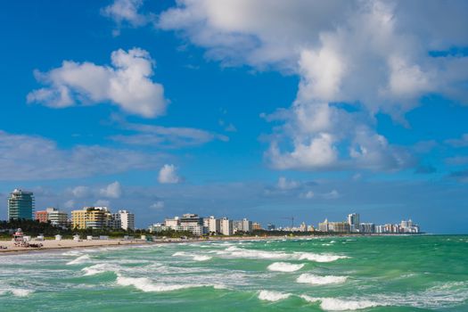 The view on South Beach in Miami Beach, Florida, USA, from South Pointe Pier in South Pointe Park.