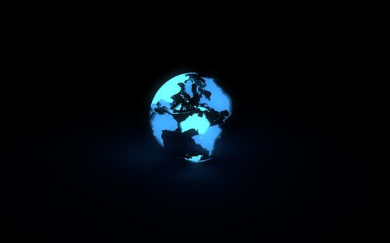 Abstract 3d model of blue glowing earth globe on black background. Front Australian continent