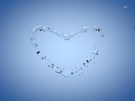 Splashes and drops of water in the shape of a heart on a blue background. Abstract 3d illustration