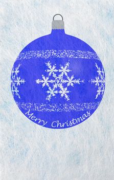 Grey fiber fabric and blue glitter film and abstract christmas ball and the words Merry Christmas, christmas card