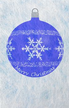 Grey fiber fabric and blue glitter film and abstract christmas ball and the words Merry Christmas, christmas card