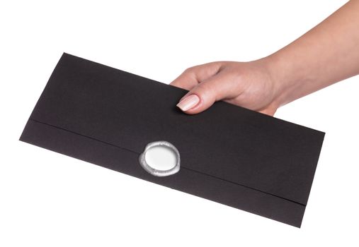 envelope in the hand on a white background isolated