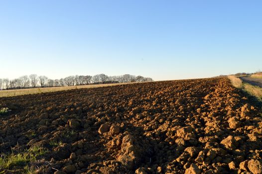 Earth turned over with large clods on a field with a sunset