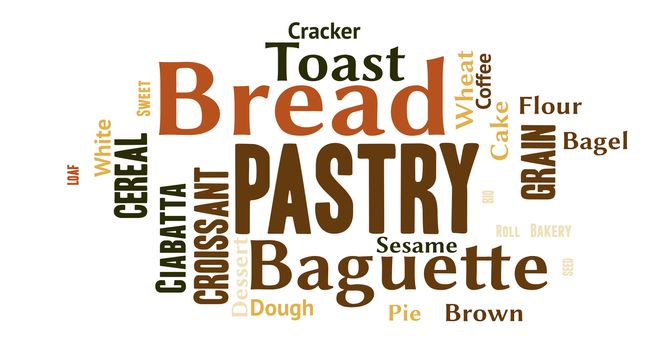 A word cloud with bakery related concepts
