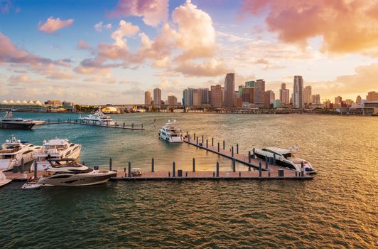 Downtown Miami, Florida, USA, and the port, seen from MacArthur Causeway at sunset.