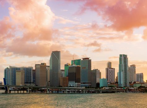 Downtown Miami, Florida, USA, seen from MacArthur Causeway at sunset.