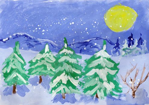 drawing watercolor winter, snow, trees forest illustration