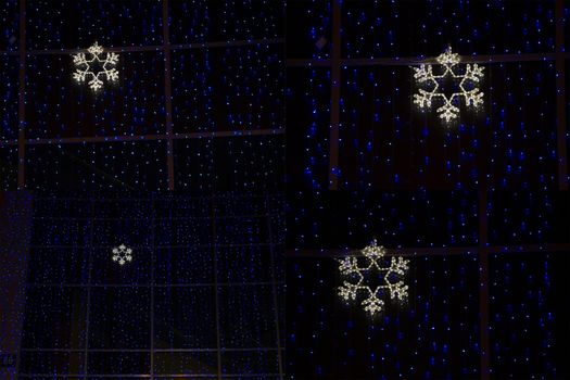 white illuminated snowflake, collage of four images