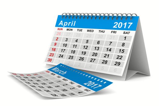 2017 year calendar. April. Isolated 3D image