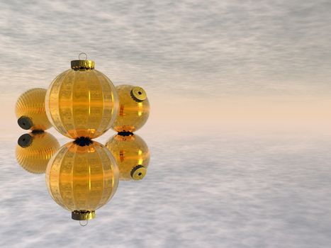 Three golden Christmas balls reflexion - 3D render