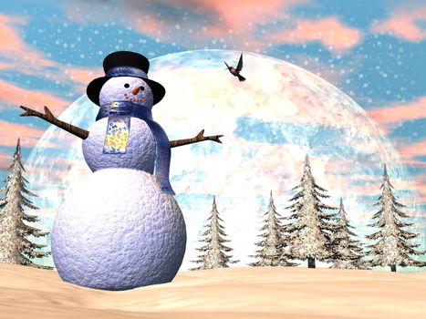 Snowman standing in the snow by sunset - 3D render