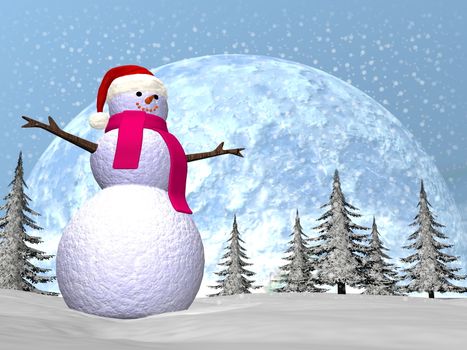 Snowman standing in the snow - 3D render