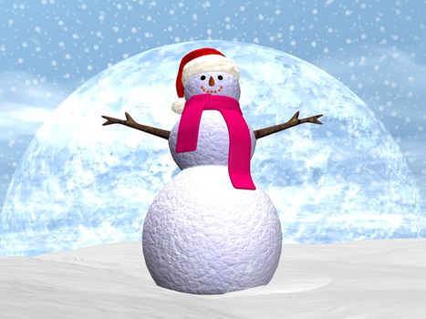 Snowman standing in the snow - 3D render