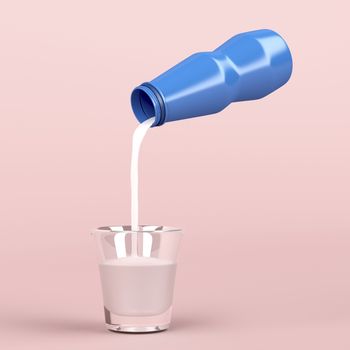 Pouring milk from plastic bottle into glass cup 