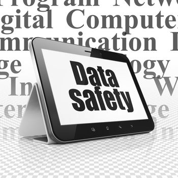 Data concept: Tablet Computer with  black text Data Safety on display,  Tag Cloud background, 3D rendering