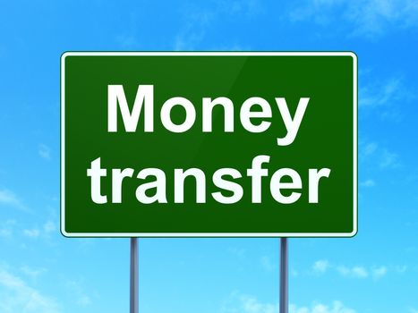 Currency concept: Money Transfer on green road highway sign, clear blue sky background, 3D rendering