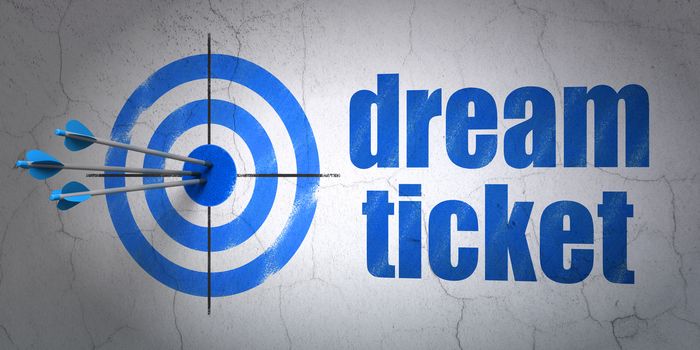 Success finance concept: arrows hitting the center of target, Blue Dream Ticket on wall background, 3D rendering