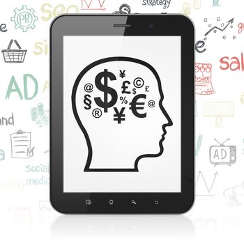 Advertising concept: Tablet Computer with  black Head With Finance Symbol icon on display,  Hand Drawn Marketing Icons background, 3D rendering