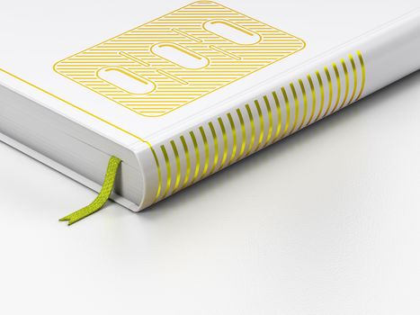 Medicine concept: closed book with Gold Pills Blister icon on floor, white background, 3D rendering