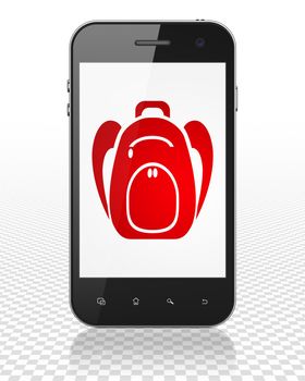 Learning concept: Smartphone with red Backpack icon on display, 3D rendering