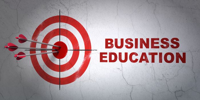 Success Studying concept: arrows hitting the center of target, Red Business Education on wall background, 3D rendering