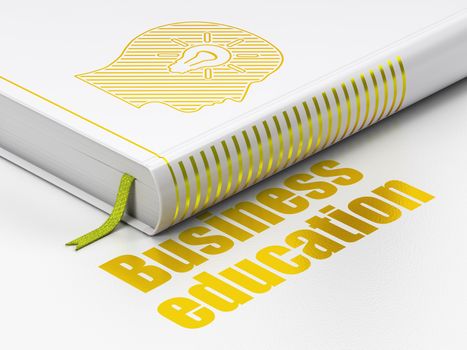 Studying concept: closed book with Gold Head With Light Bulb icon and text Business Education on floor, white background, 3D rendering
