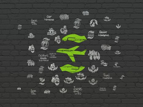 Insurance concept: Painted green Airplane And Palm icon on Black Brick wall background with  Hand Drawn Insurance Icons