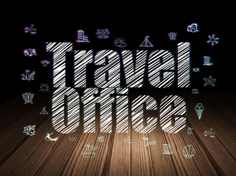 Travel concept: Glowing text Travel Office,  Hand Drawn Vacation Icons in grunge dark room with Wooden Floor, black background