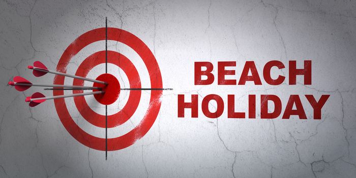 Success vacation concept: arrows hitting the center of target, Red Beach Holiday on wall background, 3D rendering