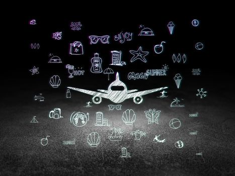 Tourism concept: Glowing Aircraft icon in grunge dark room with Dirty Floor, black background with  Hand Drawn Vacation Icons