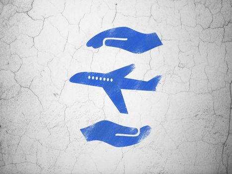 Insurance concept: Blue Airplane And Palm on textured concrete wall background